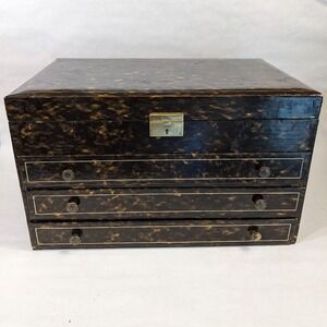 Vintage Mele Jewelry Box Chest 4 Drawer Mirror Necklace Hooks Faux Tortoiseshell